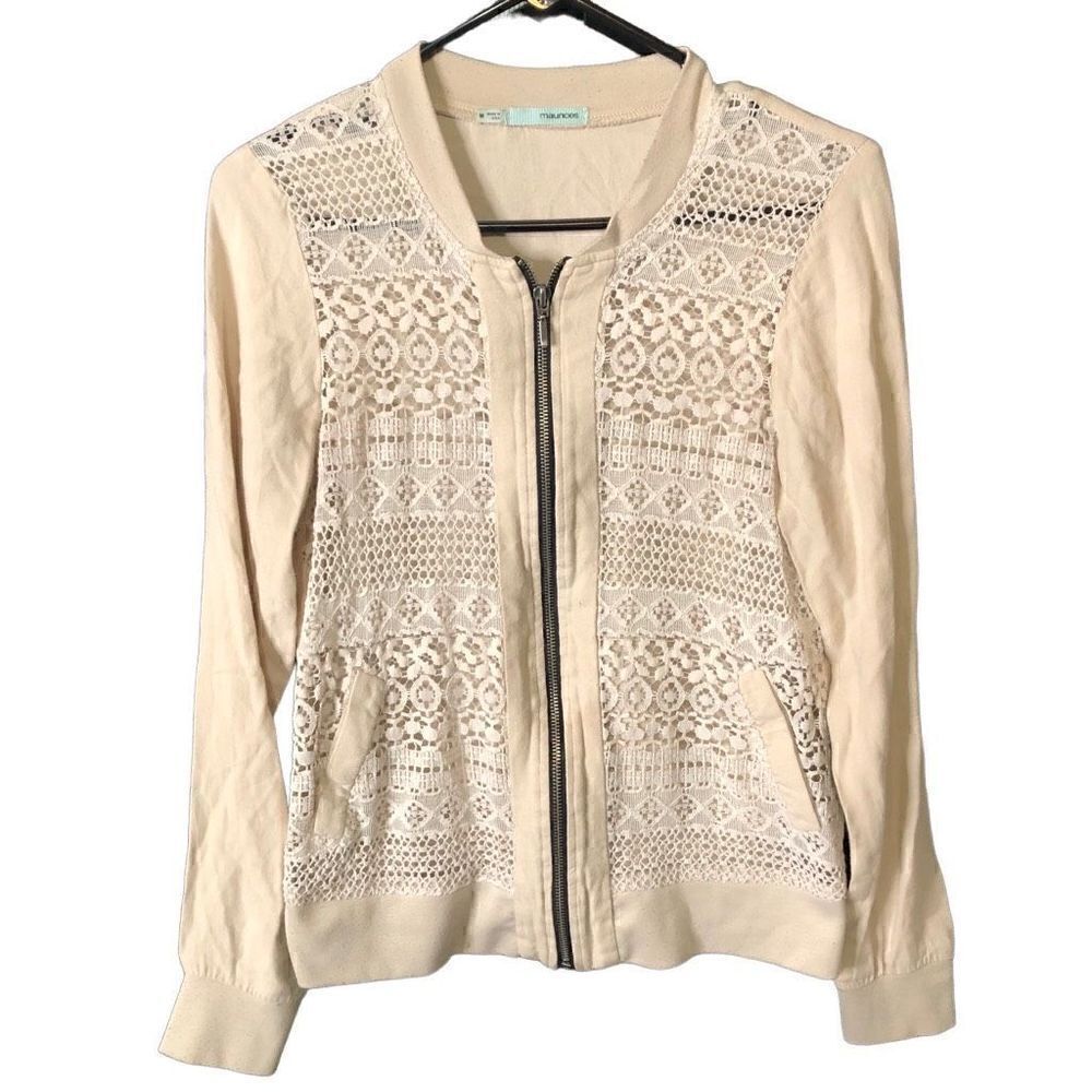 Maurices Jacket Womens M Lace Bomber Jersey Knit Cream Full Zip Romantic Boho